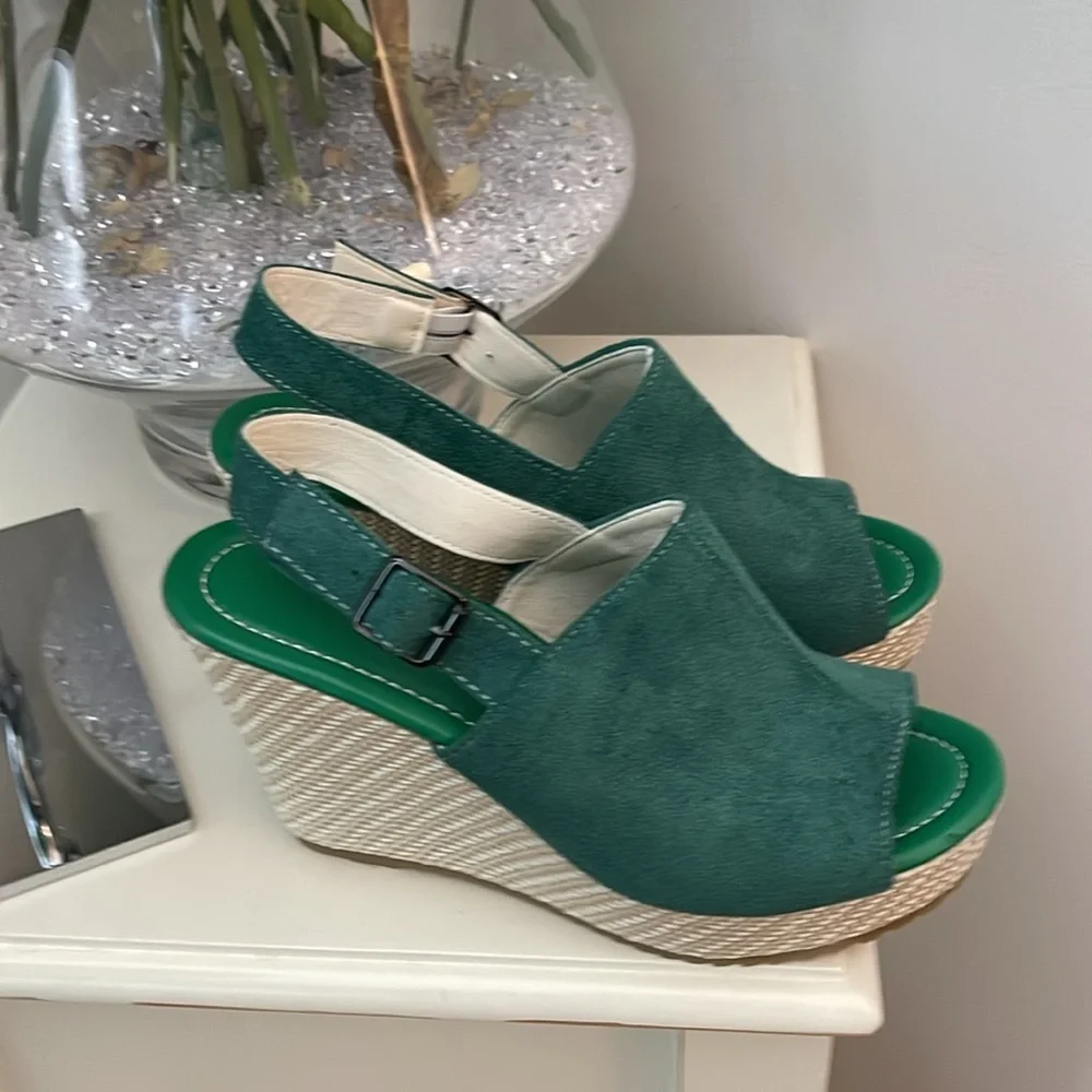 Green Suede Peep-Toe Wedge Slingbacks